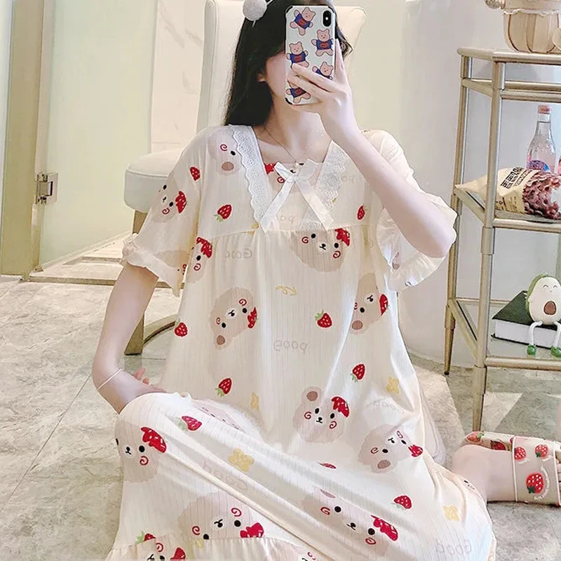 Large Size 6XL 150kg Summer Women Short Sleeve Nightgown Floral Nightgowns Cartoon Dress Home Wear sleep wear