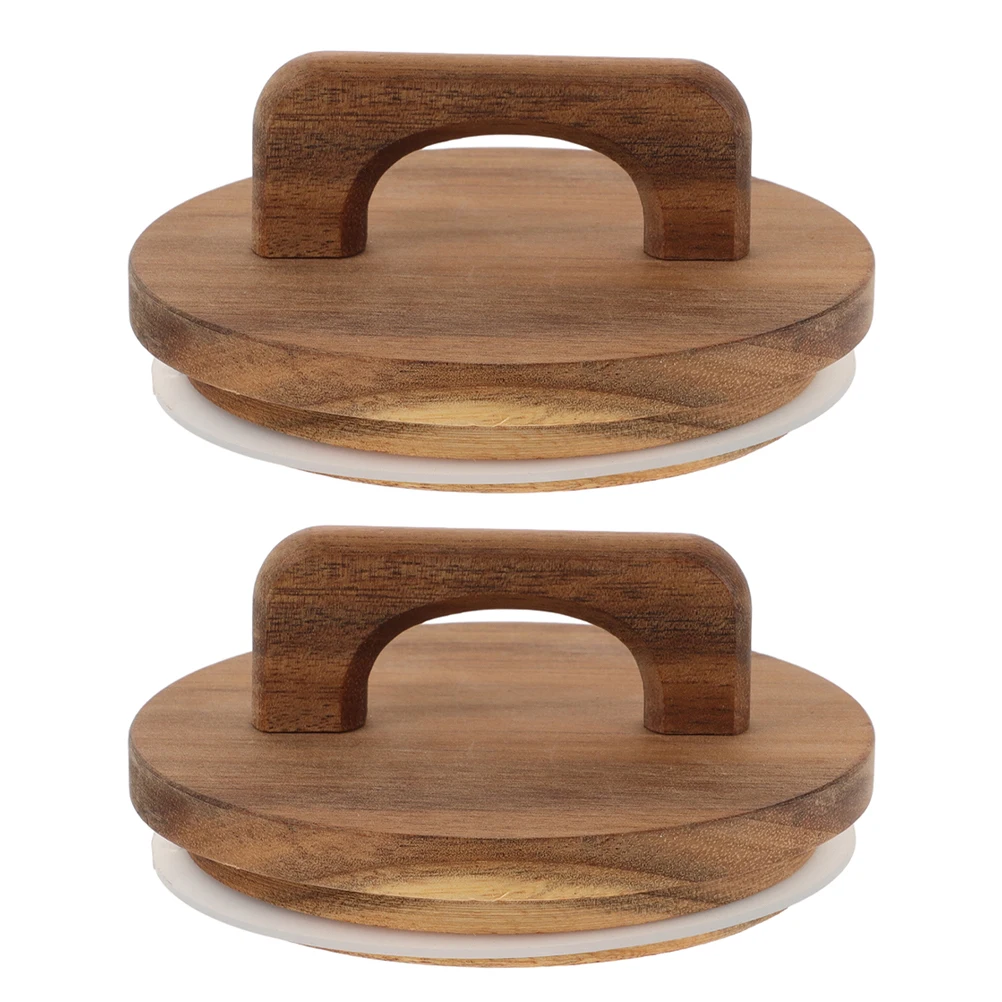 

2pcs Storage Jar Lid Airtight Canning Lids Acacia Wood Handle Silicone Seal Glass Cover For Storage