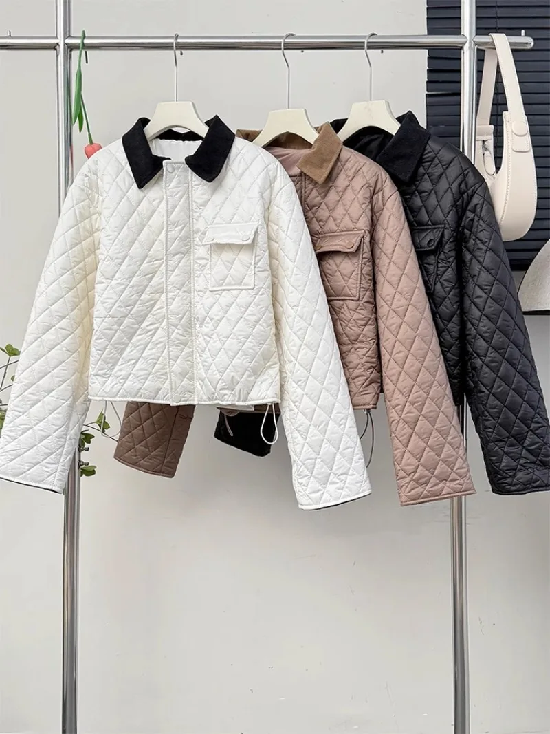 

Turn Down Collar Argyle High Street Coats Single-breasted Sweet Puffer Jacket Autumn Winter New Loose Grunge Vintage Parkas Y2k