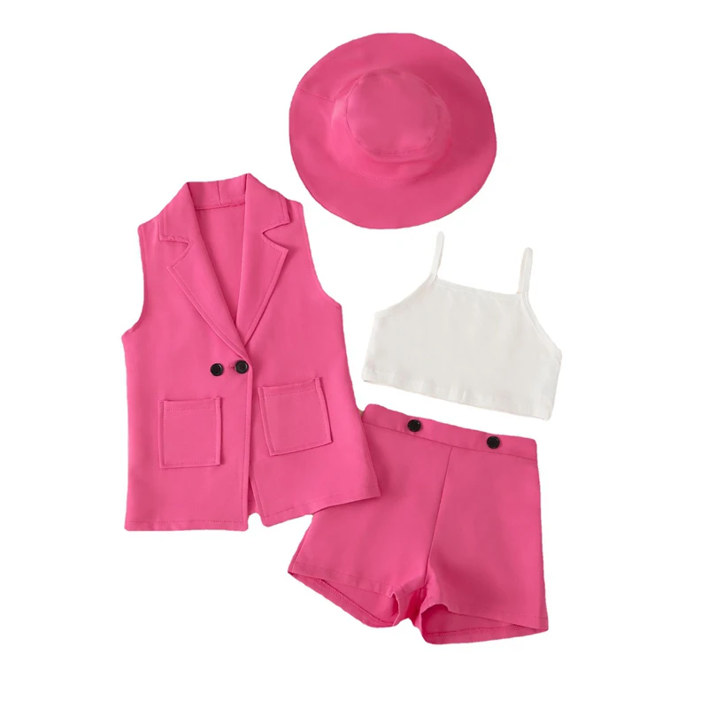 Conjunto de roupas de blazer infantil de verão, colete rosa + tops com alça branca + shorts + boné, 4 peças, ternos infantis para meninas