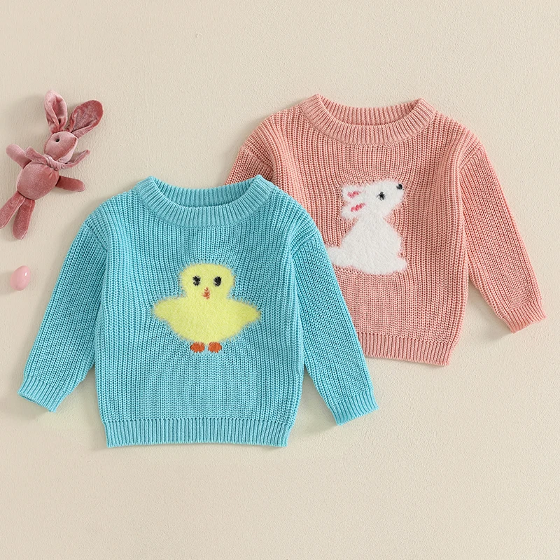 Toddler Baby Easter Sweater Bunny/Chick Embroidery Long Sleeve Crew Neck Knitwear Pullover Tops for Boys Girls