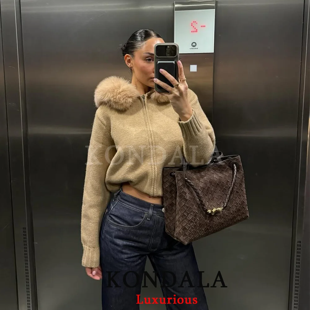 

KONDALA повседневные шикарные вязаные кардиганы цвета хаки, женские теплые свитера с меховым воротником на молнии, женские топы с длинными рукавами, мода 202, осень-зима