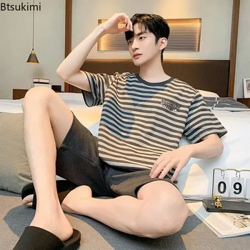 2025 Summer Thin Cotton Lounge Pajamas Sets Men's Fashion Striped Plaid Homewear Two Pieces Sets Short-sleeved Tops with Shorts