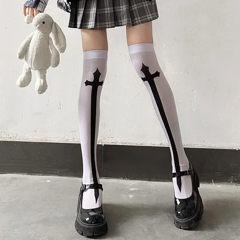 Bas croisés Punk Harajuku pour femmes, chaussettes hautes noires pour filles, bas gothiques foncés Y2K, bonneterie de fête de festival, chaussettes longues au genou Lolita