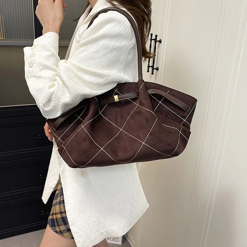 

Autumn Winter Women's Suede Handbag Korean Casual Large Capacity Plaid Tote Bag Retro Commute Single Shoulder Underarm Bags