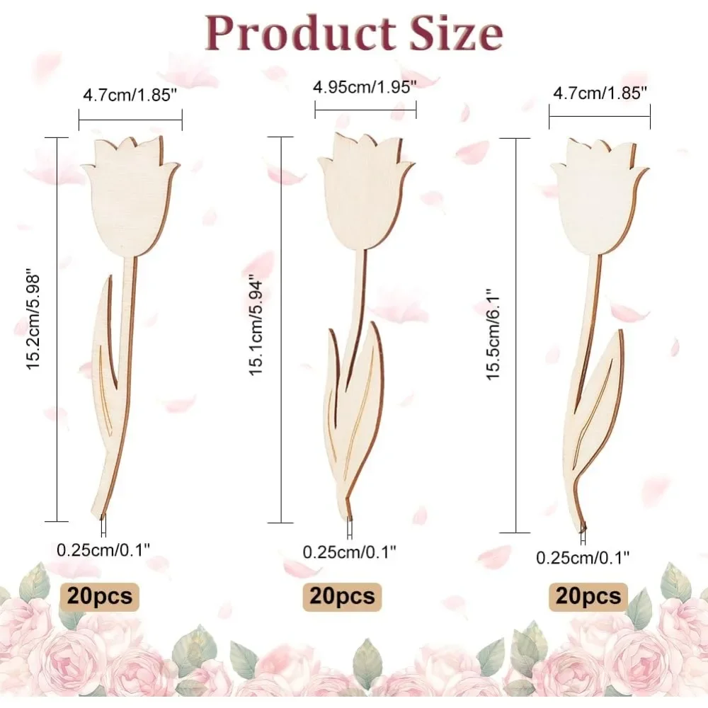 60 Pcs 3 Styles Wood Flower Cutouts, 6×2×0.1