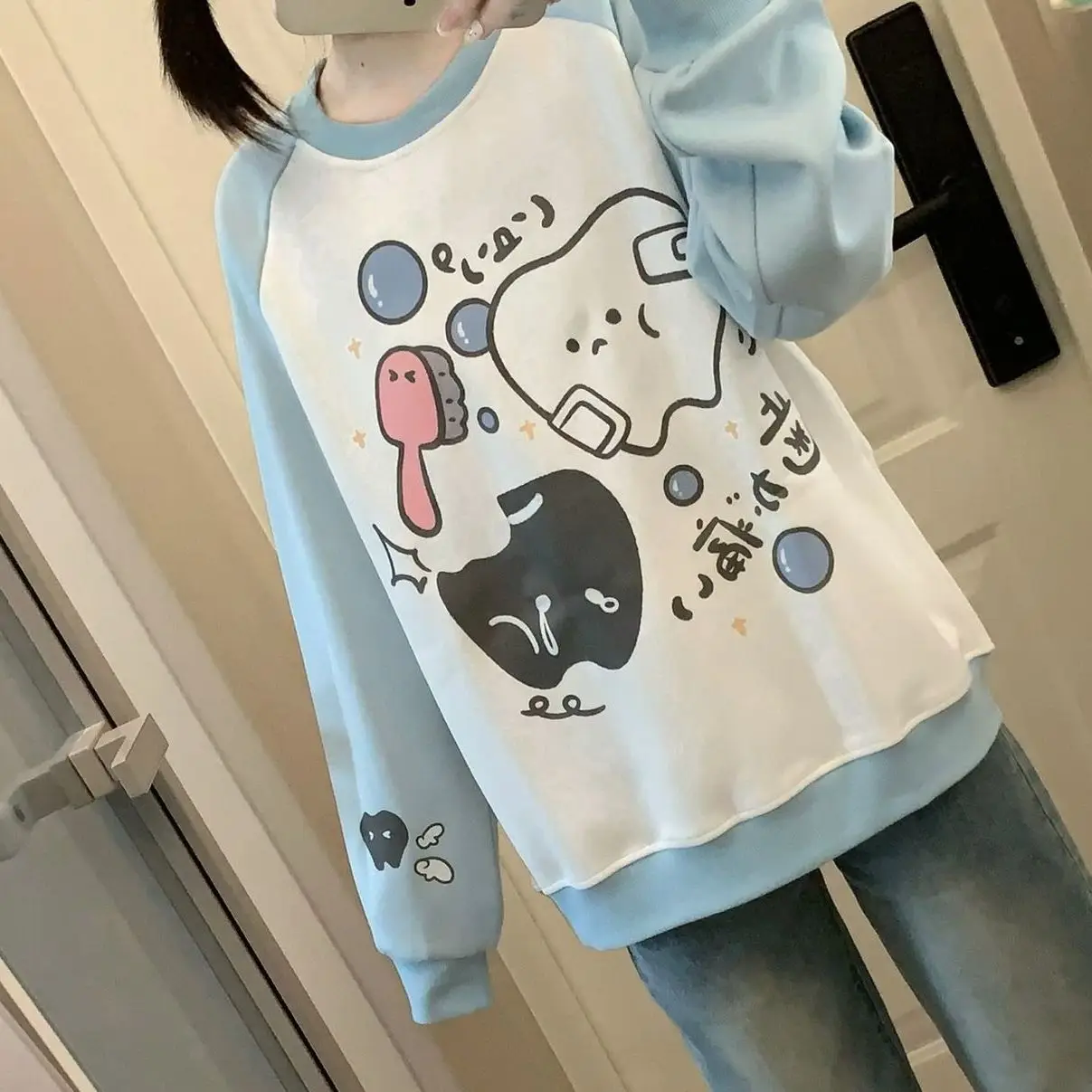 Thicken Fleece Warm Winter Kawaii Cartoon Tooth & Apple Printed Sweatshirt Y2K Grunge Contrast Raglan Sleeve Japanese Cute Style