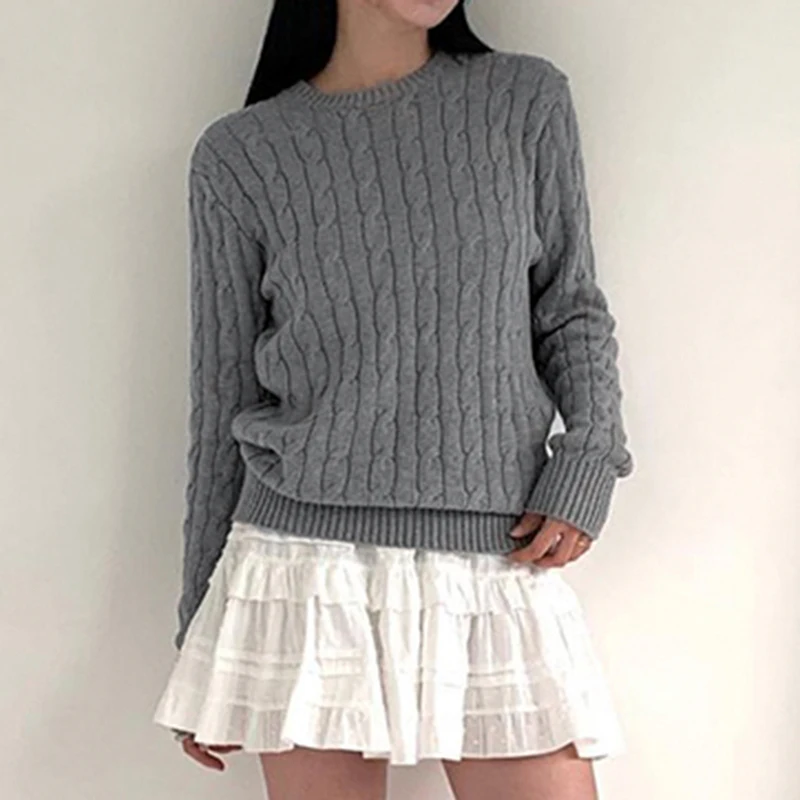 Rapcopter Y2K Grey Knitted Jumpers O Neck Full Sleeve Prepply Harajuku Sweaters Women Korean Cute Grey Knitwear Vintage Cute 90s