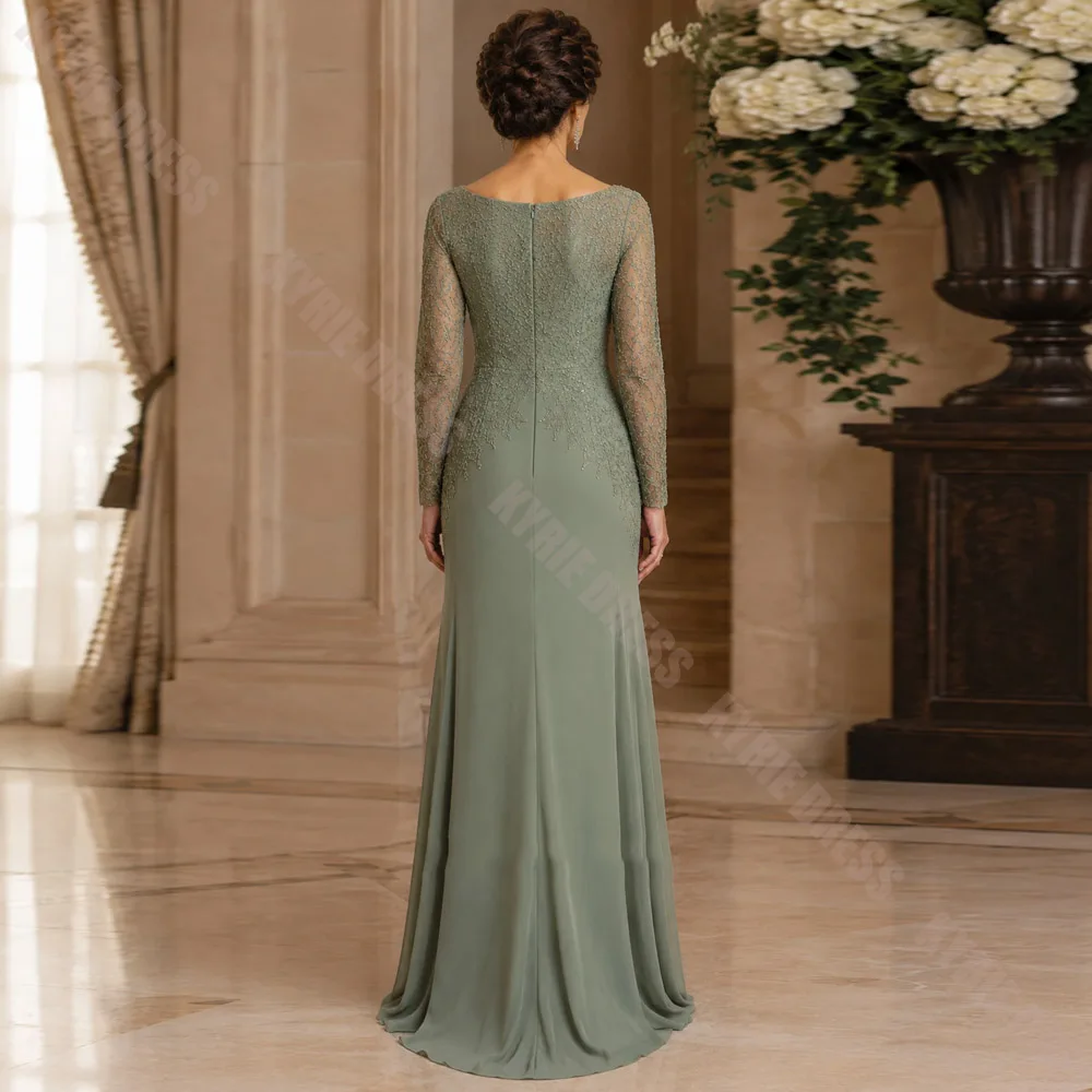 Customized Mother of The Bride Dresses Full Sleeves Boat Neck Lace Chiffon Mermaid Woman Wedding Guest Gowns Party Evening Dress image 2
