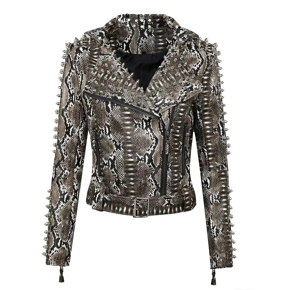 Popular Rivets Pu Leather Short Long Sleeves Belt Biker Motor Jacket Women's Tops Plus Size