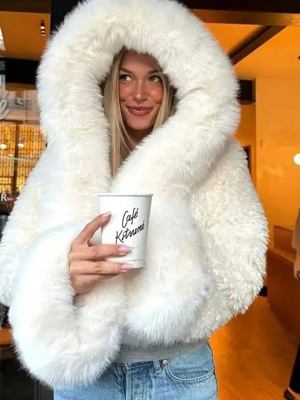 

Solid Fake Fur Women Short Lapel Collar Full Sleeves Hooded Loose Thicken Mini Coat 2026 Lady Warm Party Street Outerwear