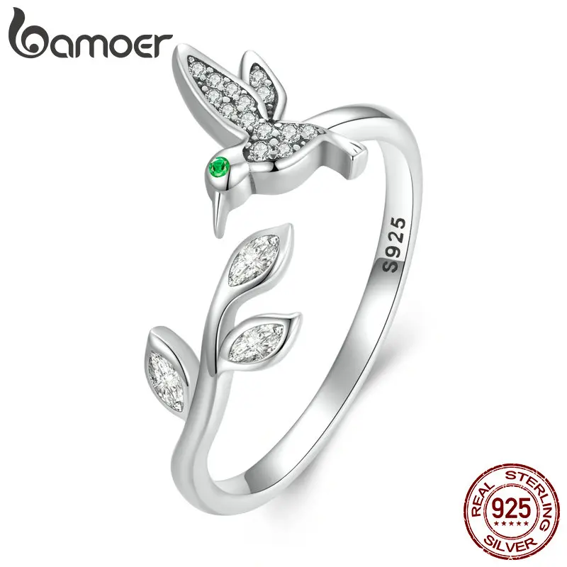 Bamoer 925 Sterling Silver Hummingbird Opening Ring for Women Pavé Shiny CZ Ring Eternity Band Fine Jewelry Birthday Gift SCR871