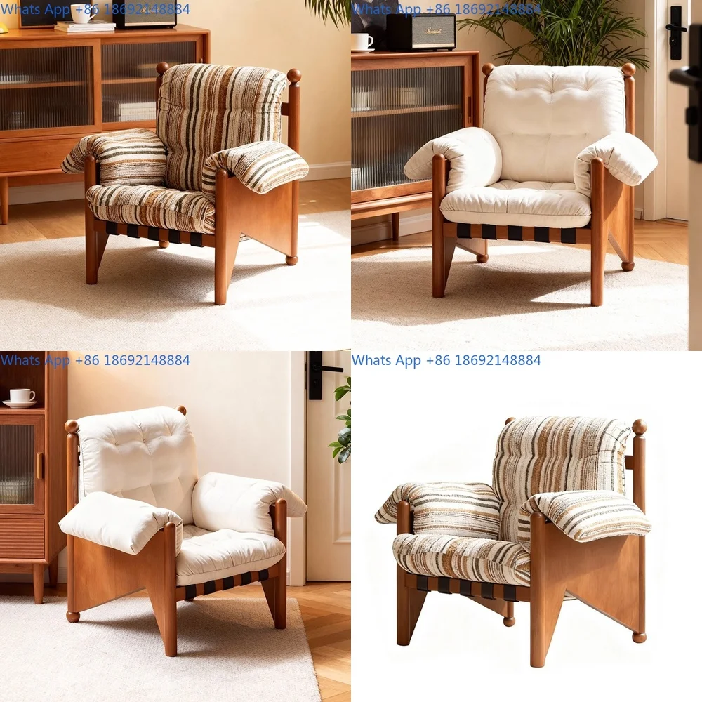 

Vintage Solid Wood Single Sofa Striped Fabric Lounge Chair for Living Room Bedroom Balcony
