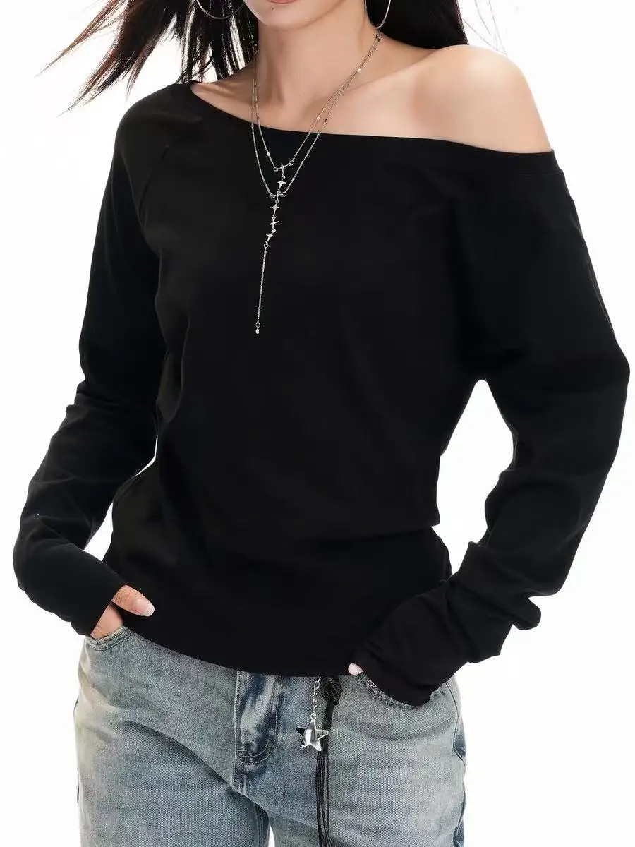 Minimalist Off Shoulder Long Sleeve Tee Women Cuff Sleeve Soft Cotton Korean Chic Spring Autumn Daily Lady Casual Basic Tops