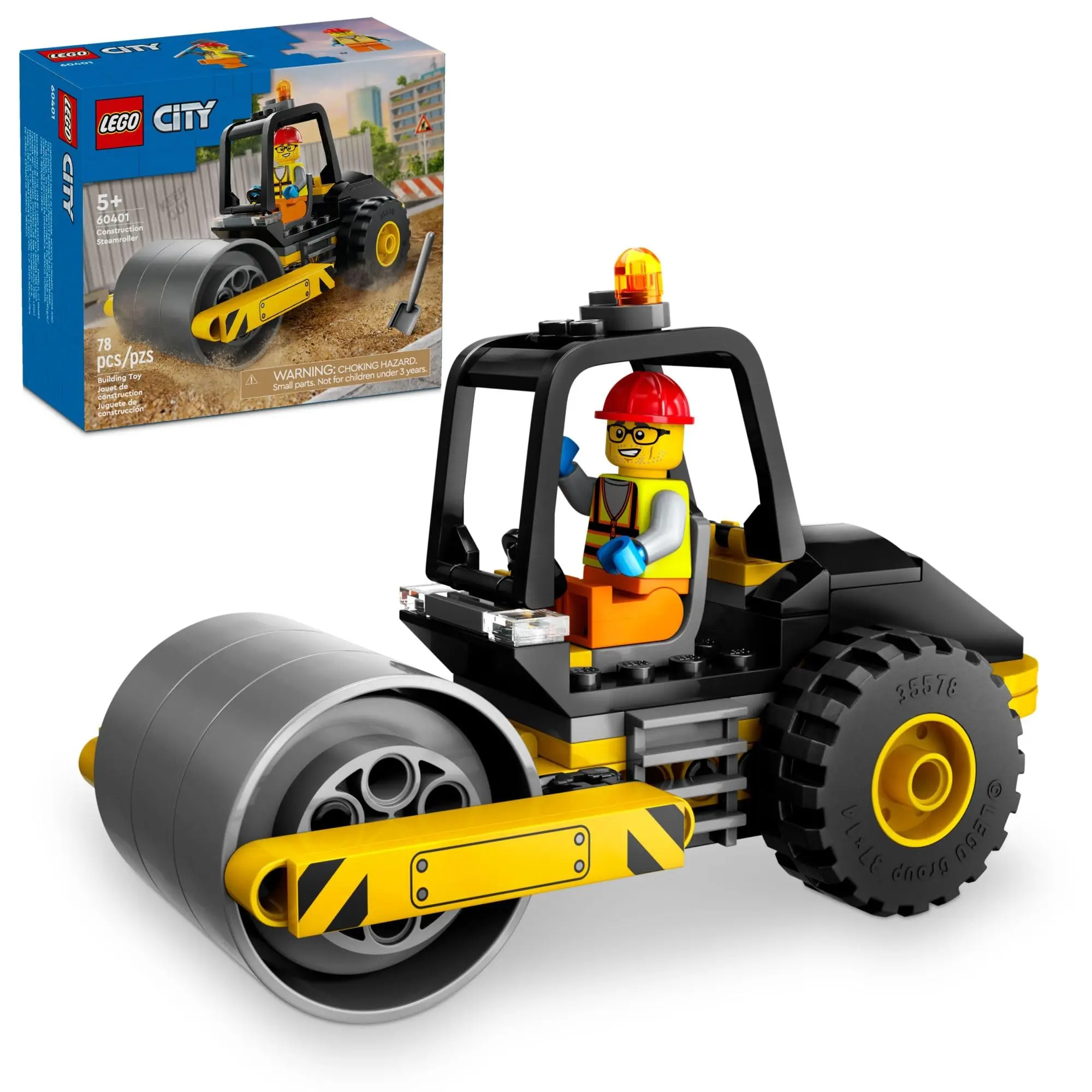 LEGO City Construction Steamroller Toy Playset, Fun Gift, Construction Toy Set Model Truck with a Worker Minifigure 60401