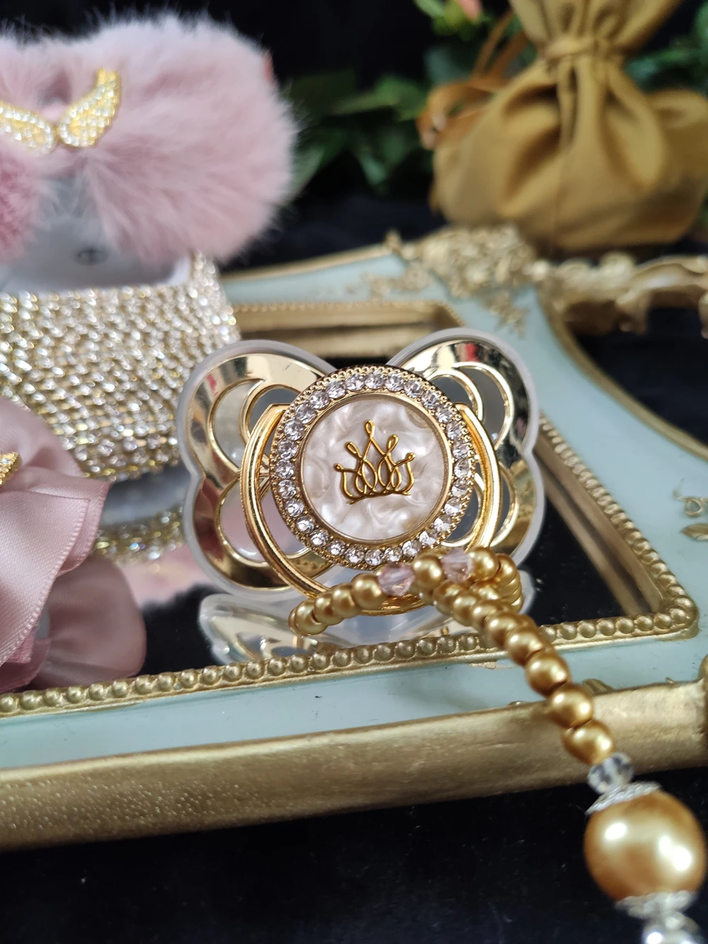 Dollbling Glam Luxury Rhinestones Gold Pacifier Personalized Name Dummy Any Image Initial Letter Pearly Marble Soother Clips image 5