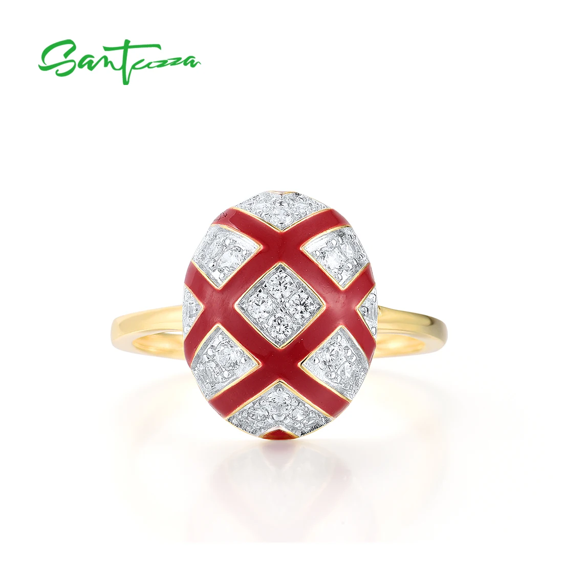 SANTUZZA Pure 925 Sterling Silver Rings For Women Sparkling White CZ Red Oval Cross Enamel Wedding Engagement Fine Jewelry Set