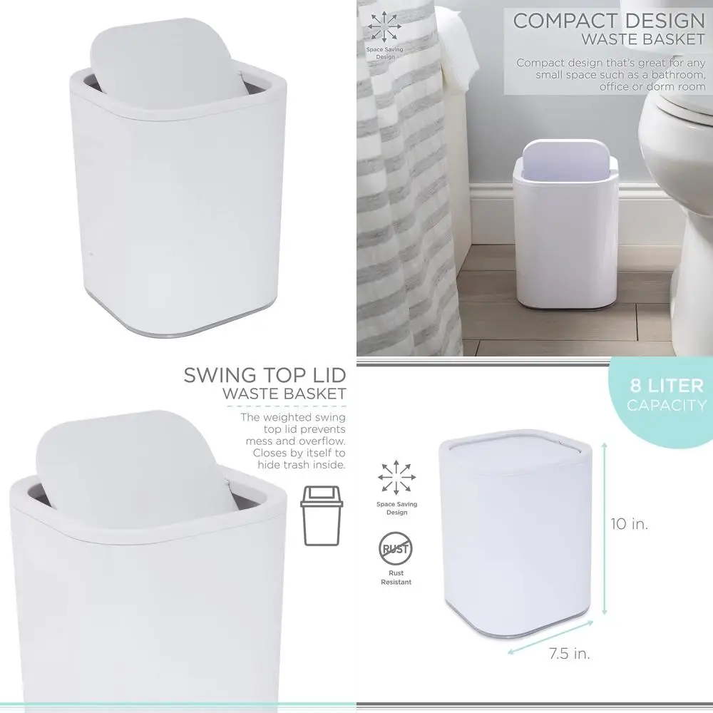 

8L White Acrylic Swing-Top Wastebasket | Stylish & Weighted Lid | Ideal for Home, Office, Dorm