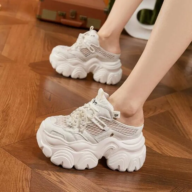 

9CM Breathable Mesh Synthetic Slippers Bling Casual Vulcanize Hollow Shoes Woman Summer Chunky Sneakers Platform Wedge Sandals