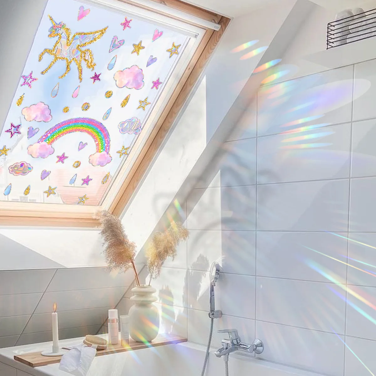 2pcs Rainbow Unicorn Stars Raindrops Colorful Sunlight Electrostatic Sticker Glass Window Wall Sticker Window Sticker Xc8005