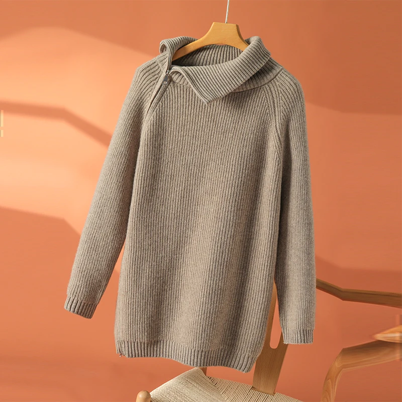 

Classic new women's wool collar diagonal zipper pullover long sleeved casual high-quality soft knitted thick sweater