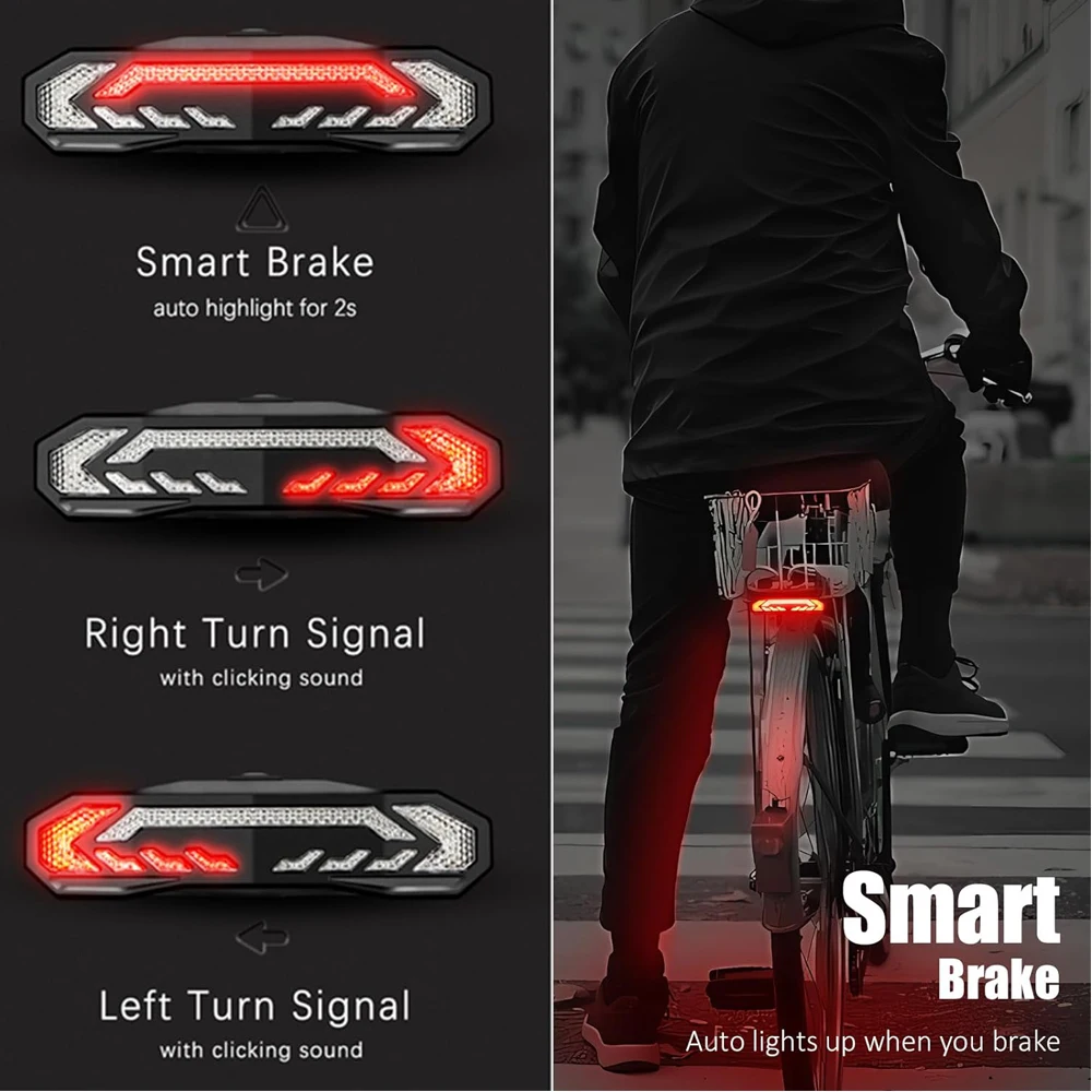 Sectyme Bike Tail Light com Turn Signals, Luz de freio, controle remoto sem fio, Bike Horn Alarme, Carga Rack, recarregável