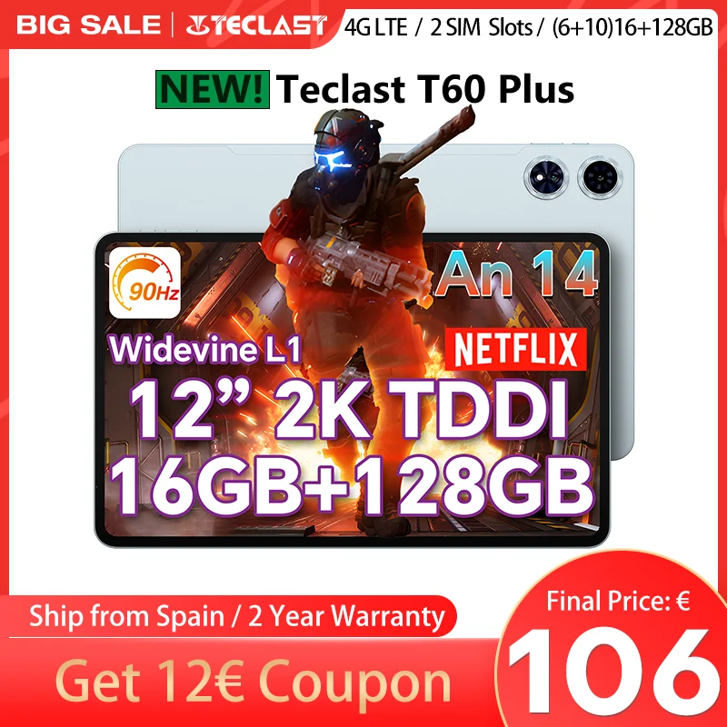 【NUEVO】Teclast T60 Plus 12 pulgadas TDDI 90Hz 2K Pantalla 2000x1200 Android 14 Widevine L1 MTK Helio G88 (6GB RAM+10GB Expansión)16GB/128GB 8000mAh Batería 4G LTE Dual SIM TF hasta 1TB