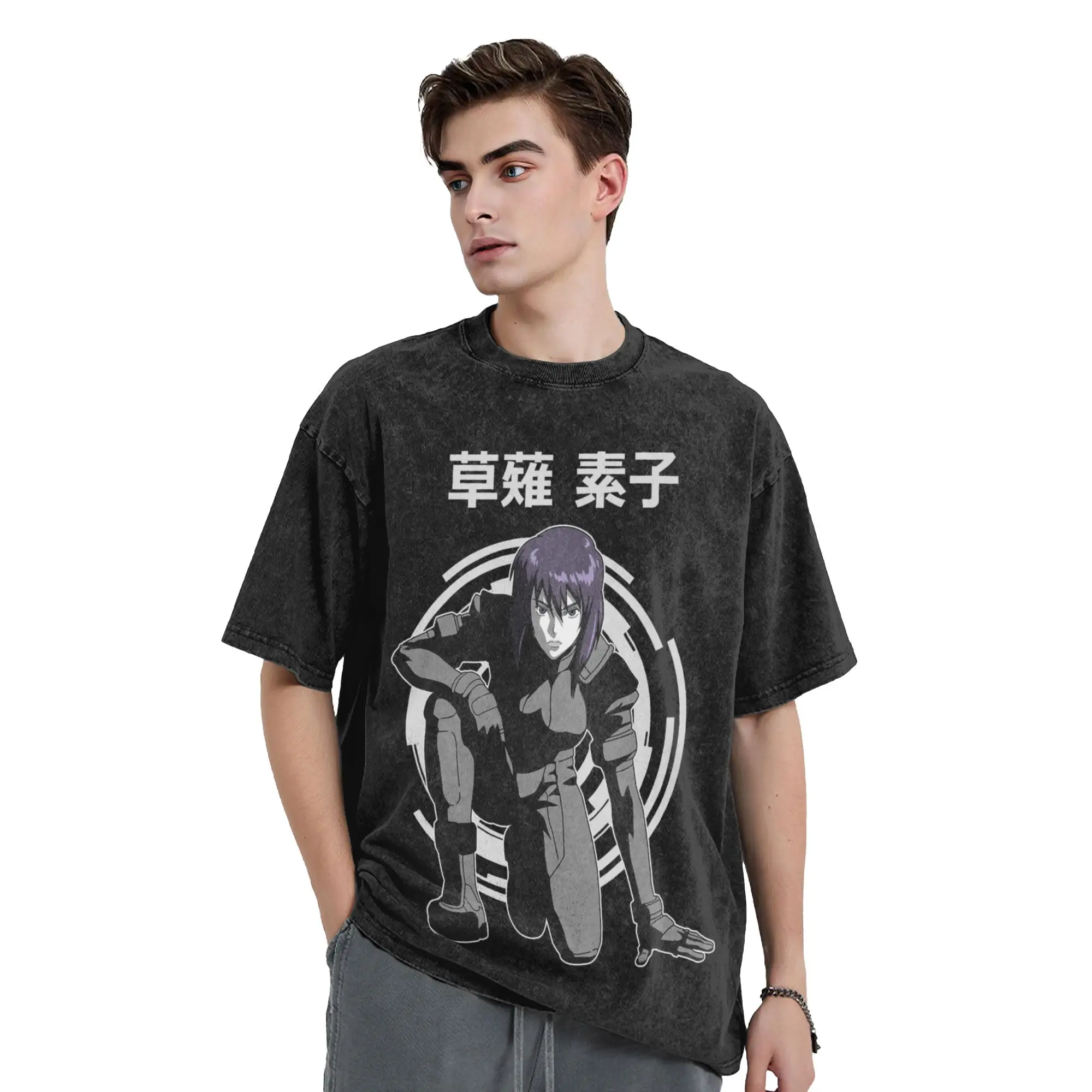 Ullzang Motoko Kusanagi Ghost in the Shell    Vintage Washed Tshirts Round Neck Short Sleeve Tops  100%Cotton Summer Top Tee