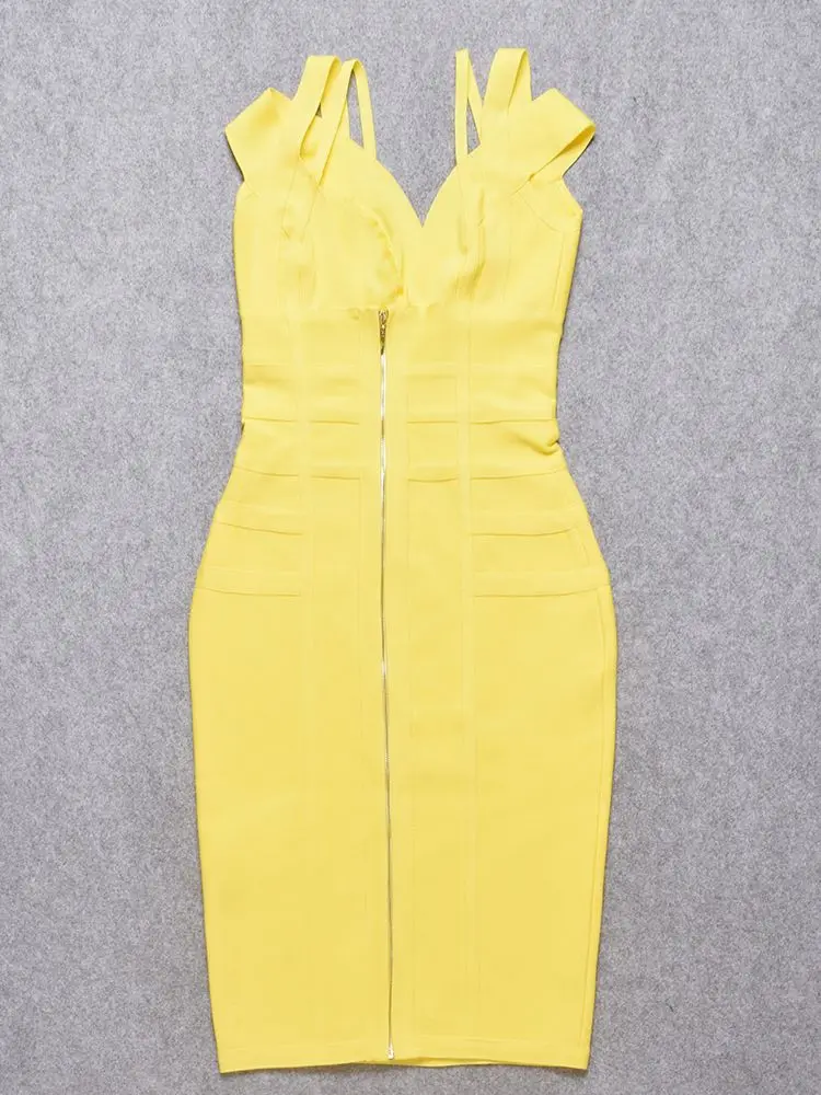 Vestido elástico hasta la rodilla de celebridad, amarillo desnudo, doble correa, cuello en V, vestido Bandage HL, barato, XL, naranja, vestido ajustado de color caqui