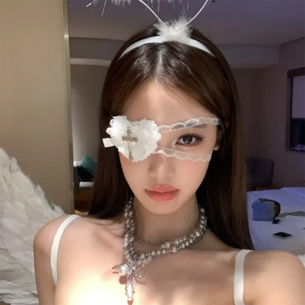 펑크 크로스 아이 마스크 여성 로리타 코스프레 아이 패치 고딕 할로윈 하트 보우 레이스 안경 액세서리 크리스마스 선물