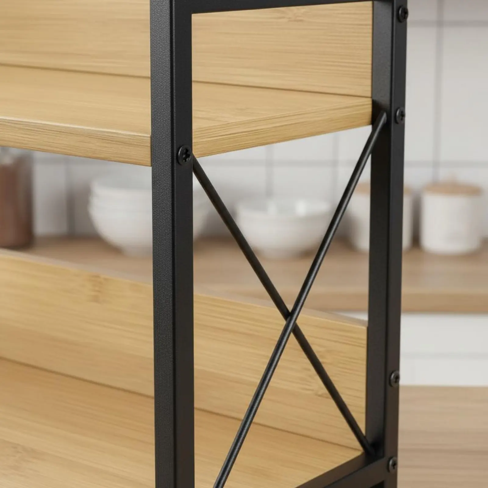 Wood and Metal Seasoning Rack Easy to Install 2-Tier Counter Organizer Bathroom Vanity Shelf X-Shaped Design for Kitchen
