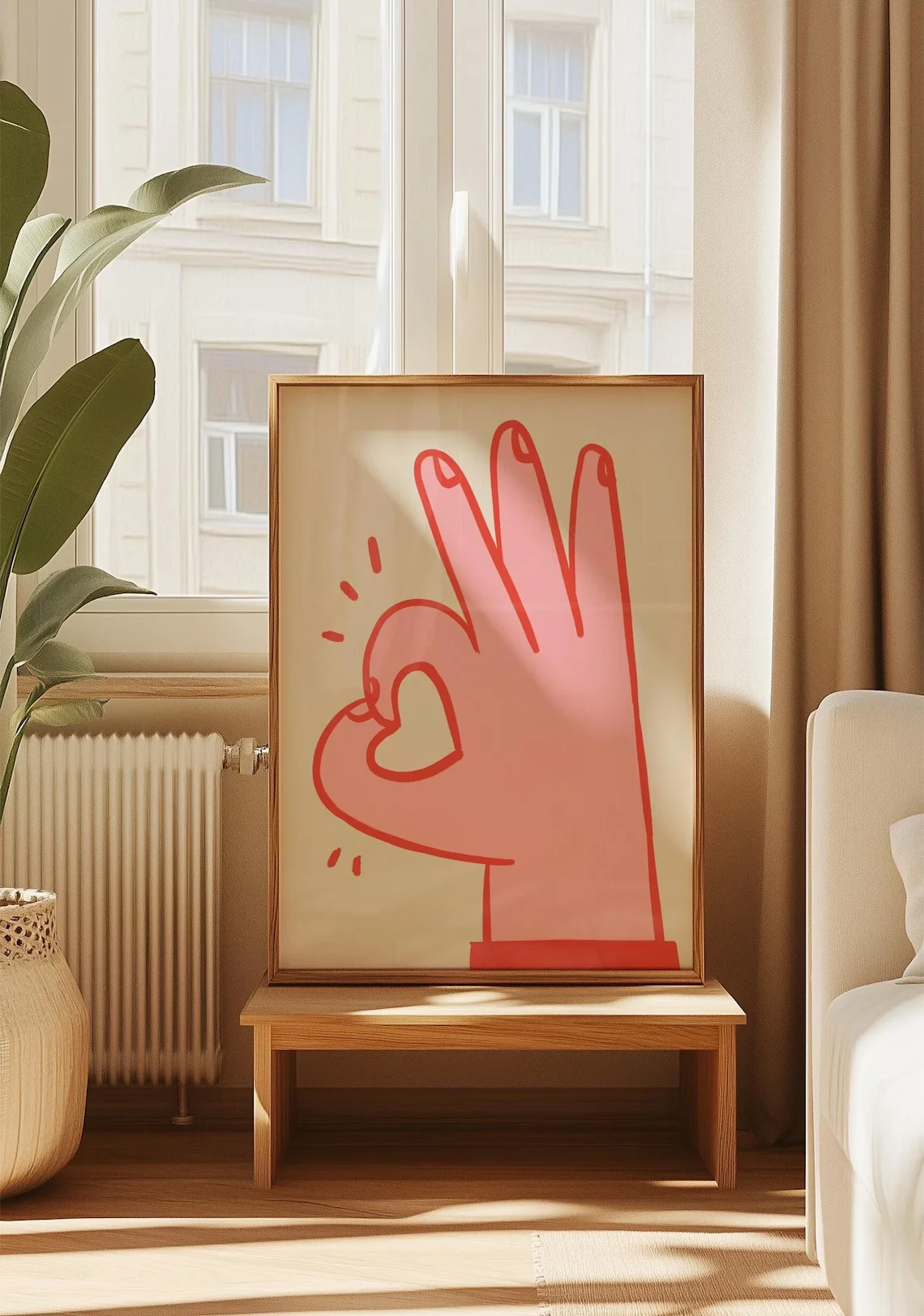 Minimalist Pink OK Hand with Heart Wall Decor Print - Cute, Trendy Line Art of a Pink Hand Making an "OK" Gesture, with a Heart image 3