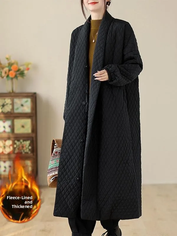 

Loose Fit Cotton Jaet Women's Design Sensation Long Diamond Patterned Mid-Length Coat Sli plus Size V-Ne Button up