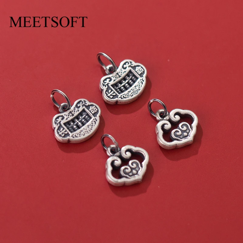 MEETSOFT Vintage 999 Silver Distressed Clouds Longevity Lock Pendant Necklace Charms of DIY Handmade Making Bracelet  Accessorie