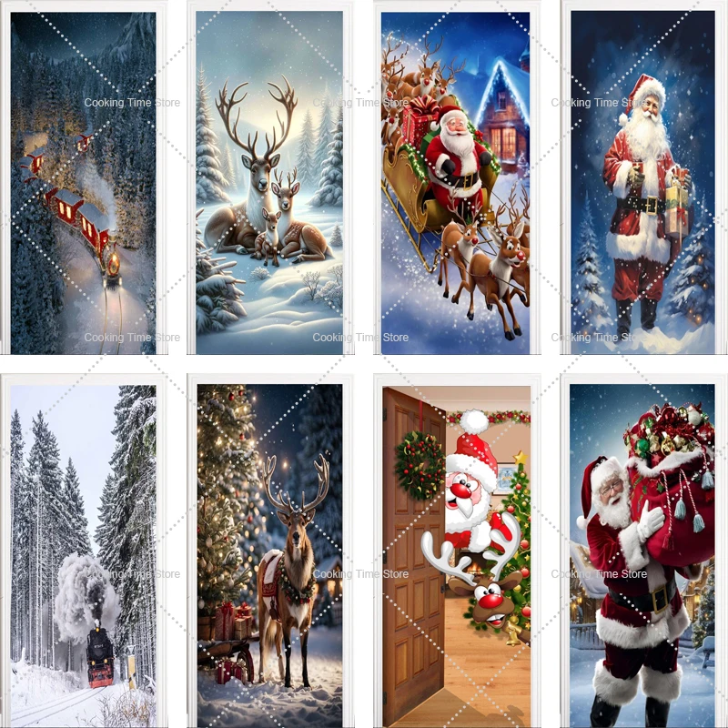 

Winter Christmas Door Stickers 3D Self-adhesive Living Room Mural Sticker Santa Claus/Elk Door Wallpaper Decal for Home Decor