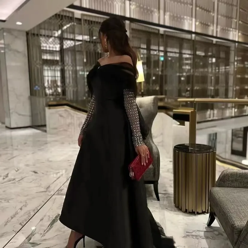 Customized Tulle Bateau Neck Prom Dresses with Detachable Long Sleeves Saudi Arabia Formal Occasion Zipper Back Evening Gowns