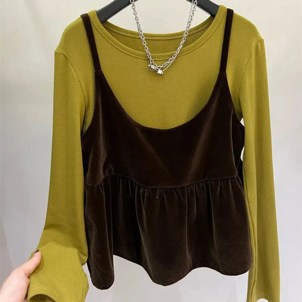 Women 2026 Spring Autumn New Fashion Stacked T-shirt Top Short High End Velvet Strap+Long Sleeved T-shirt Two Piece Set Blouse