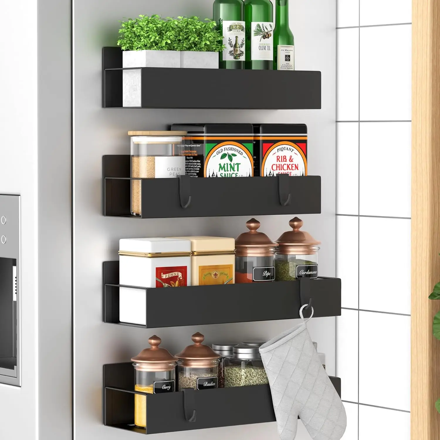 Metal 4 Pack Magnetic Spice Storage Rack Organizer for Refrigerator and Oven, Black Fridge Organizers, Heavy Duty & Rustproof