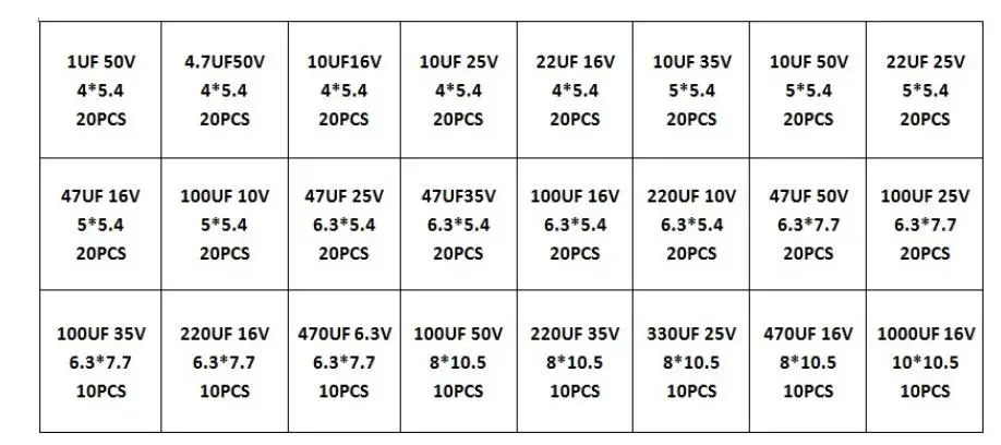 ボックス付きアルミ電解コンデンサ、smd品キット、24値、smd 1uf〜1000uf、6.3v-50v、24値、400個