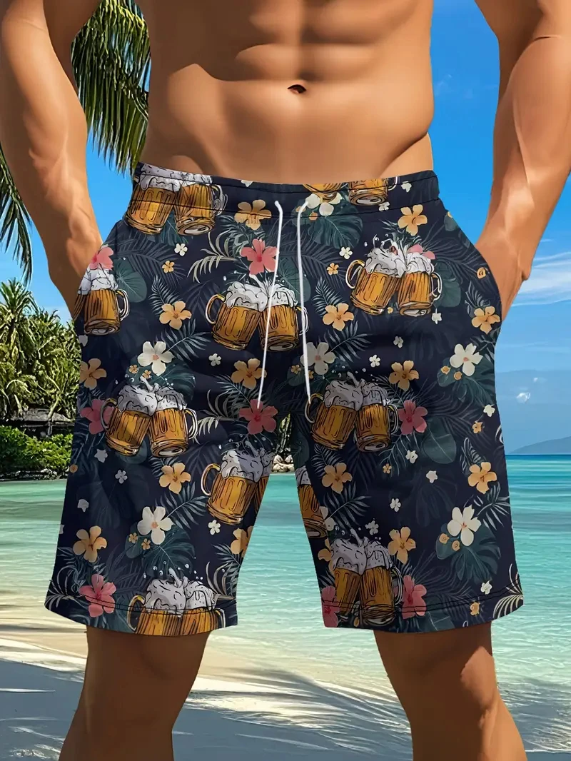 3D Beer Print Men's Swimsuit Street Hip Hop 2026 New Casual Beach Shorts Men's Summer Swimming Shorts Drawstring Casual Trunks