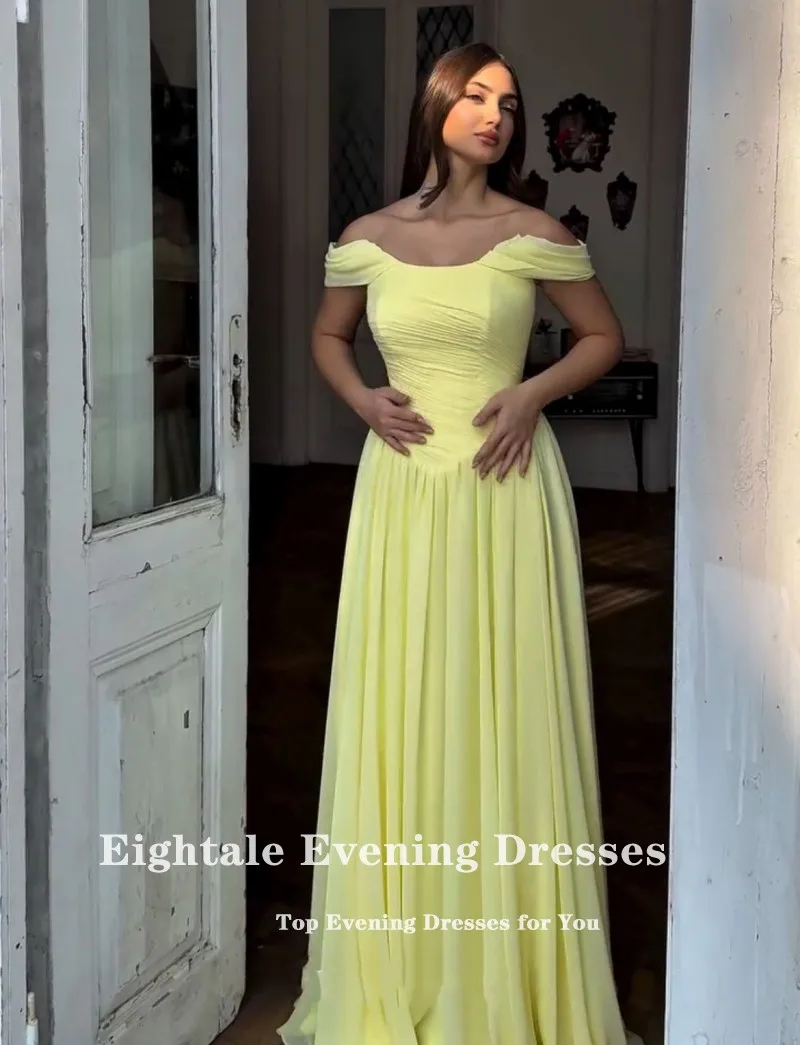 فستان سهرة عربي Eightale بطيات مغرفة مخصصة على شكل حرف A أصفر بطول الأرض بدون أكتاف مثير لحفلات الزفاف وحفلات الزفاف