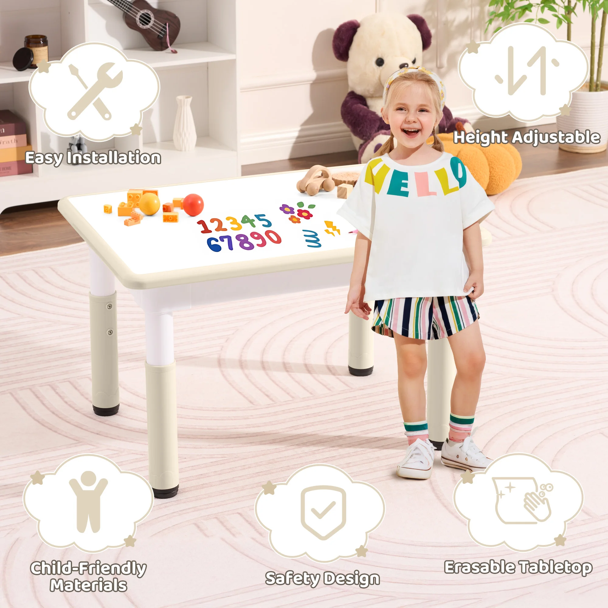 Kids Table 31.5" × 23.6", 7-Level Height Adjustable Toddler Activity Table, Graffiti-Proof Plastic Desk for Ages 3-8, Home & Daycare - view 5