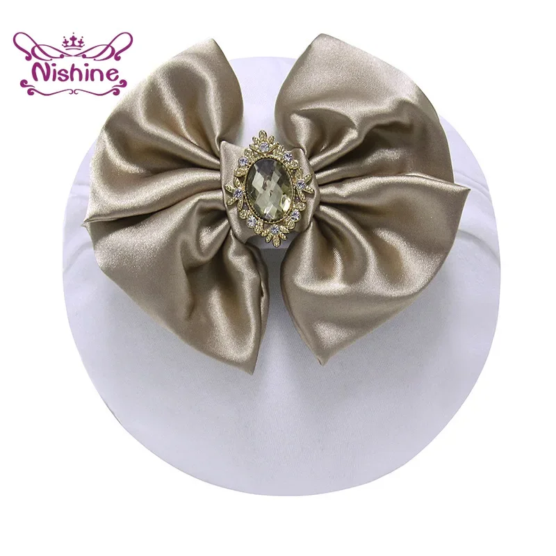 Nishine Solid Color Satin Bowknot Infant Headband with Rhinestone Baby Soft Comfortable Elastic Nylon Headwraps Kids Accessories