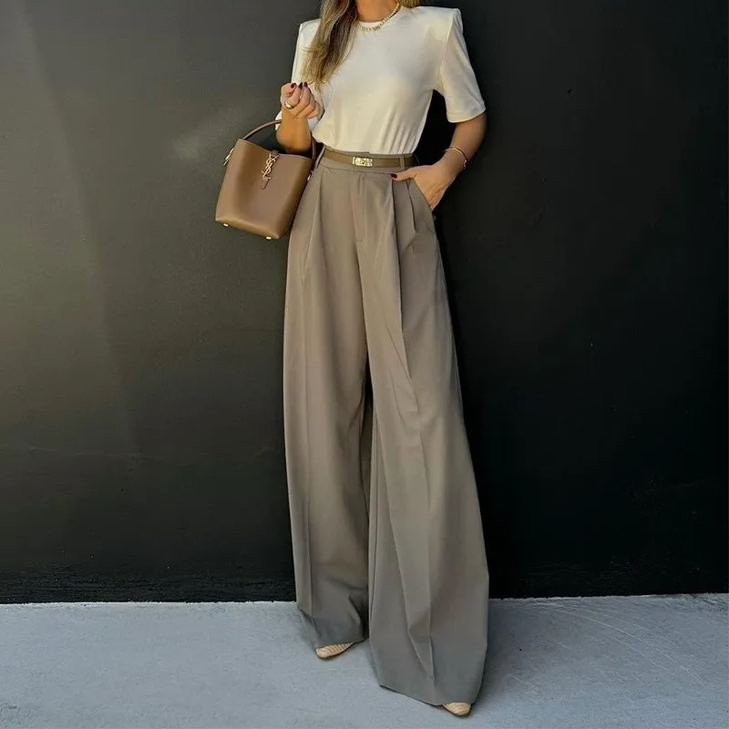 

2025 Autumn European and American straight-leg high-waisted solid color suit pants for women; loose wide-leg trousers; long