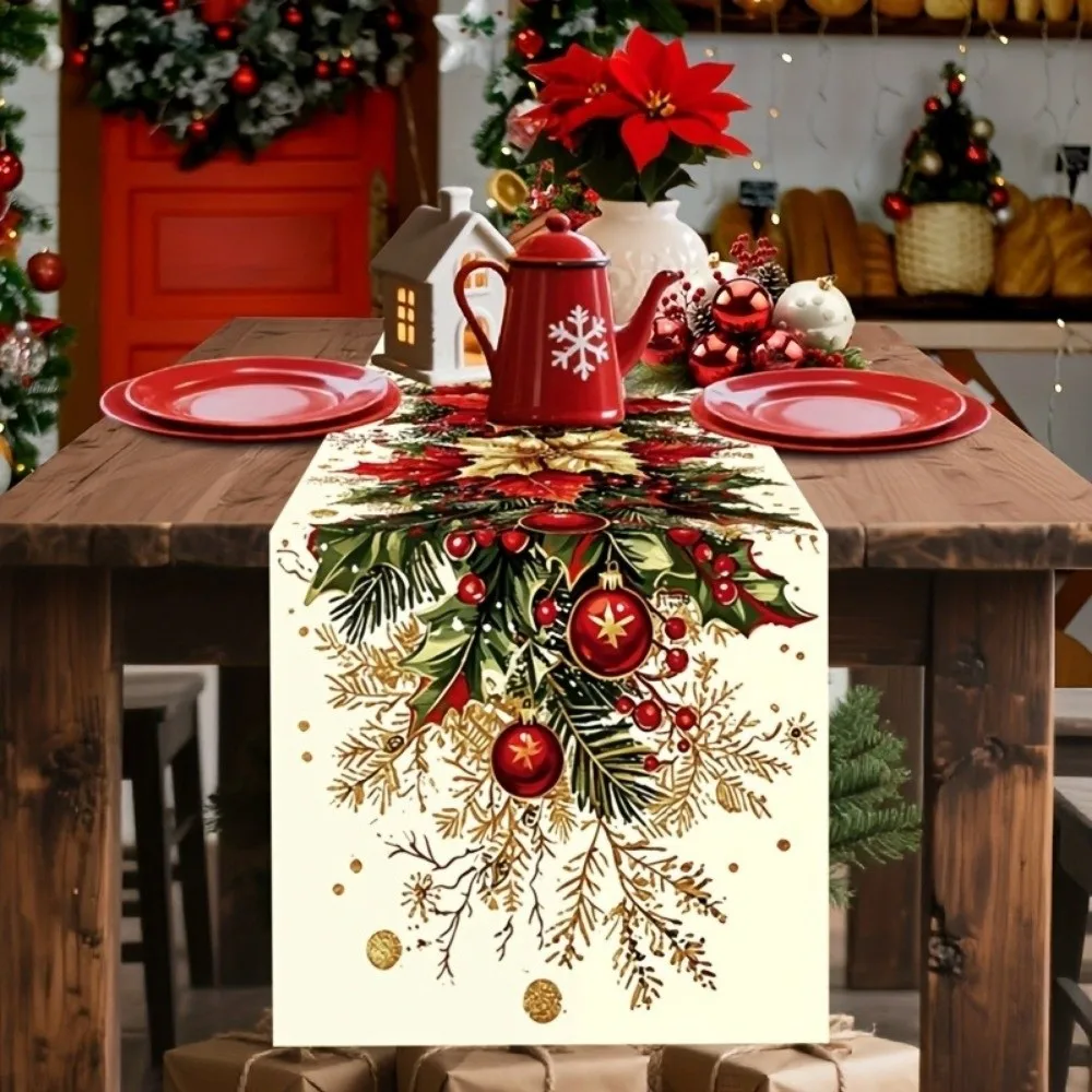 Santa Snowman Christmas Table Runner Tabletop Decoration Reindeer Christmas Tablecloth Flower Vintage Poinsettia Table Runner