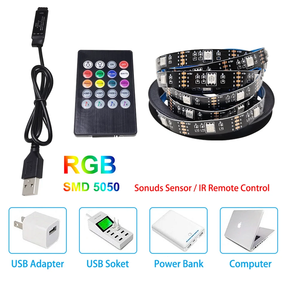 TV 컴퓨터 모니터 백라이트용 LED 조명, 음악 다이나믹 댄스 스트립 램프, SMD5050 RGB 스트립 라이트, 1M, 2M, 3M, 4M