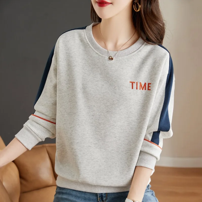 Autumn Winter Women's Pullover Round Neck Solid Letter Embroidery Screw Thread Lantern Long Sleeve T-shirt Hoodies Casual Tops