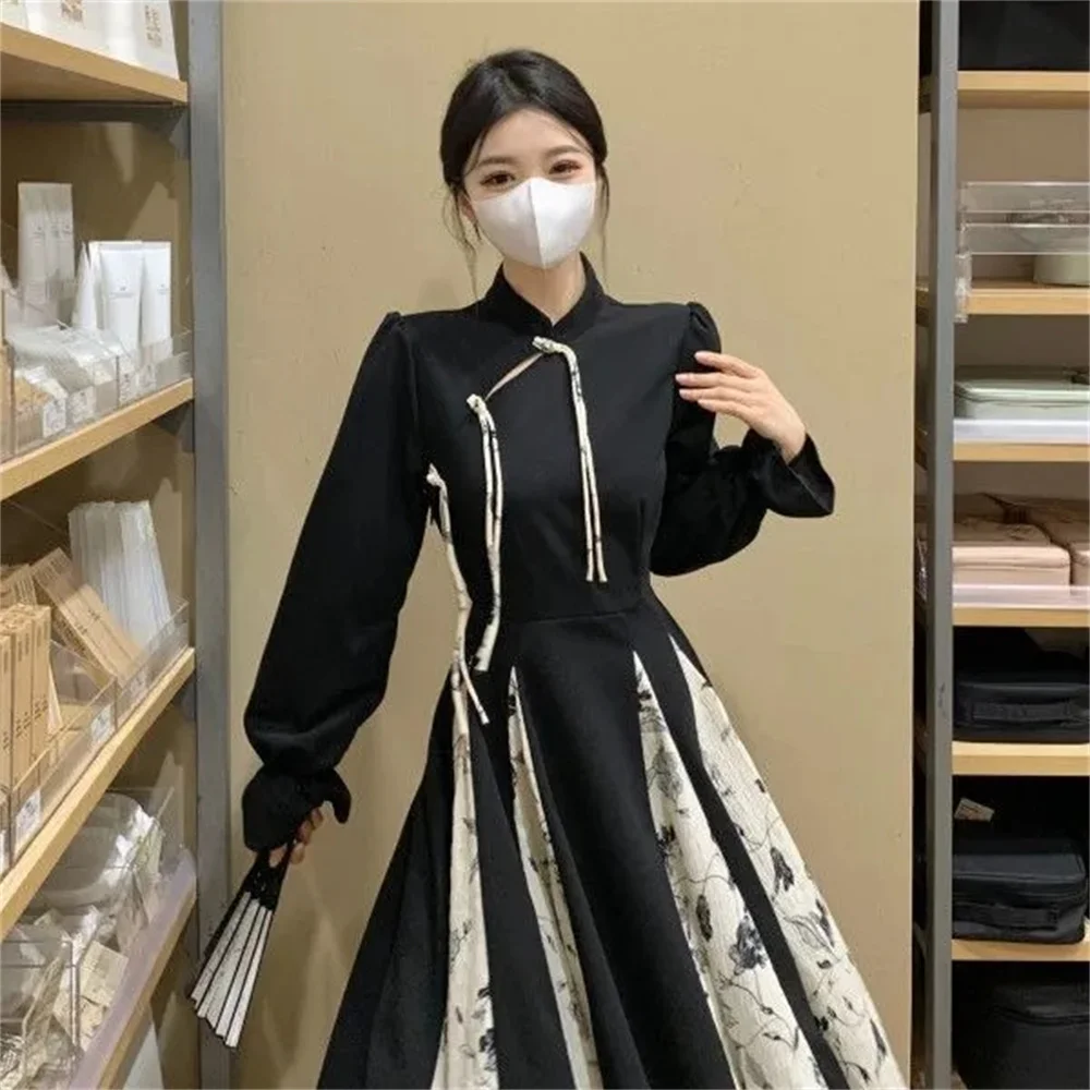 

Новая улучшенная черная юбка Cheongsam в китайском стиле для детей, осеннее высококачественное лоскутное платье с принтом в стиле ретро, Cheongsam