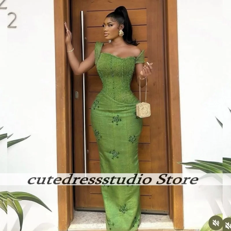

Green Beaded Peals Mermaid Evening Dresses For Black Girls Long Off The Shoulder Wedding Party Dress Long Prom Gowns Customized