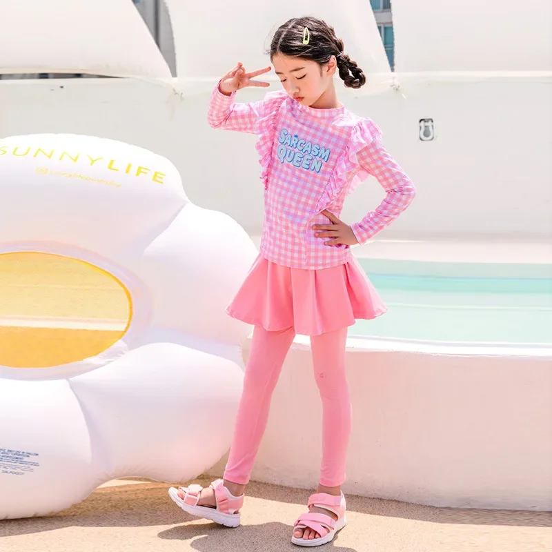 Girls swimwear Sun protection Quick drying Girls Long sleeved pants Swimwear Children swimwear Plaid Print  Korea Style Suit